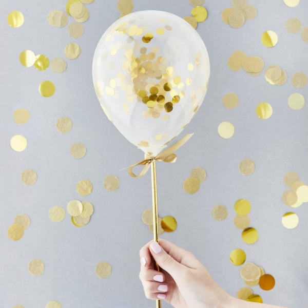 5 Toppers de Bolo Mini Balões Confetti Dourado